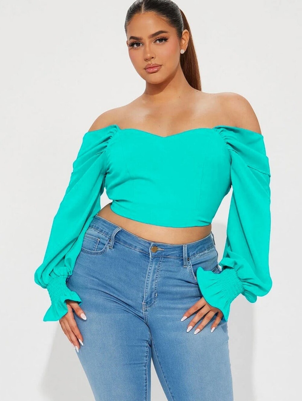 Turquoise Off-Shoulder Crop Top with Puff Sleeves
